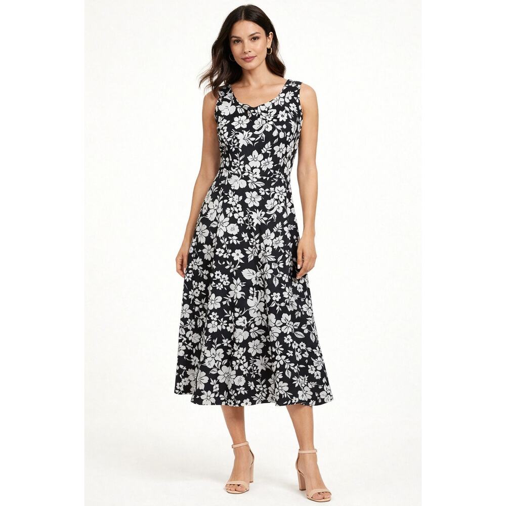 Vintage Victoria Holley 100% Cotton Black White Floral Midi Dress Size 14